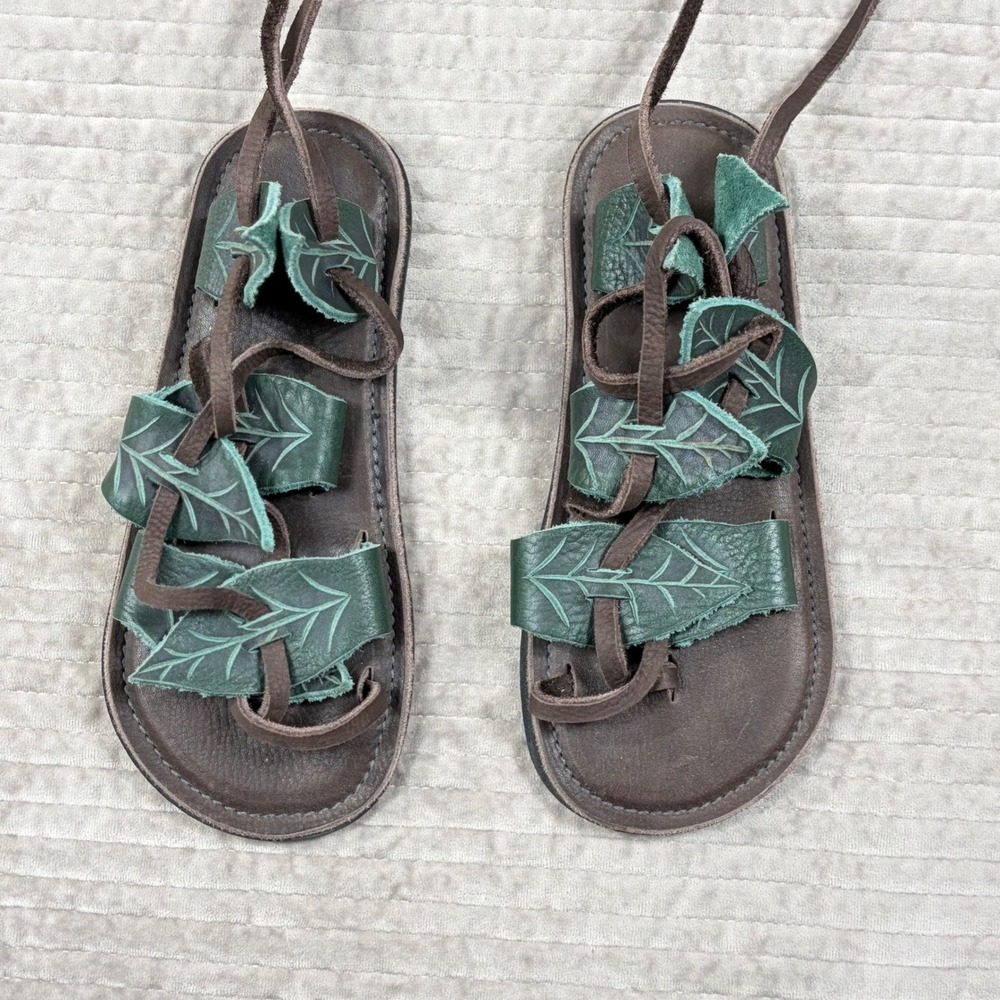 Leather Fairy Elf Lace Up Leaf Sandals Vibram Sole Renaissance Faire Green Brown